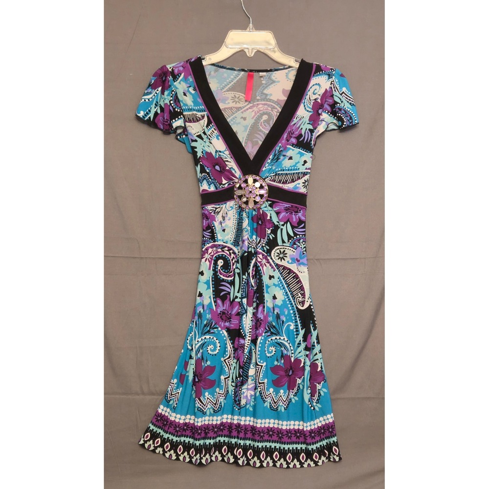 Floral Dress‎ With Rhinestone Broach Women's Size Small Multicolor Tie Back Y2K